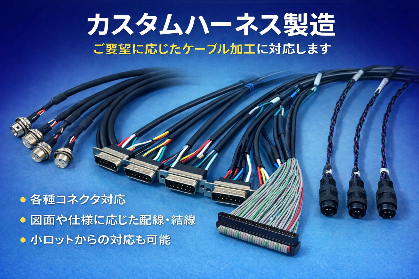 カスタムハーネス製造は、ご要望に応じたケーブル加工に対応します